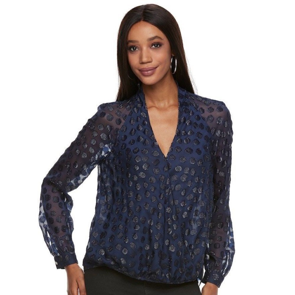 JENNIFER LOPEZ Navy Blue Dot Crossover Semi Sheer Hi-Lo Hem